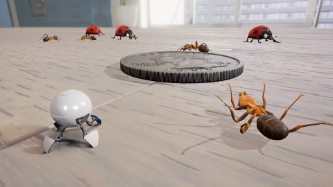 A closeup of a floor with ants, a coin, and a tiny robot at the same scale