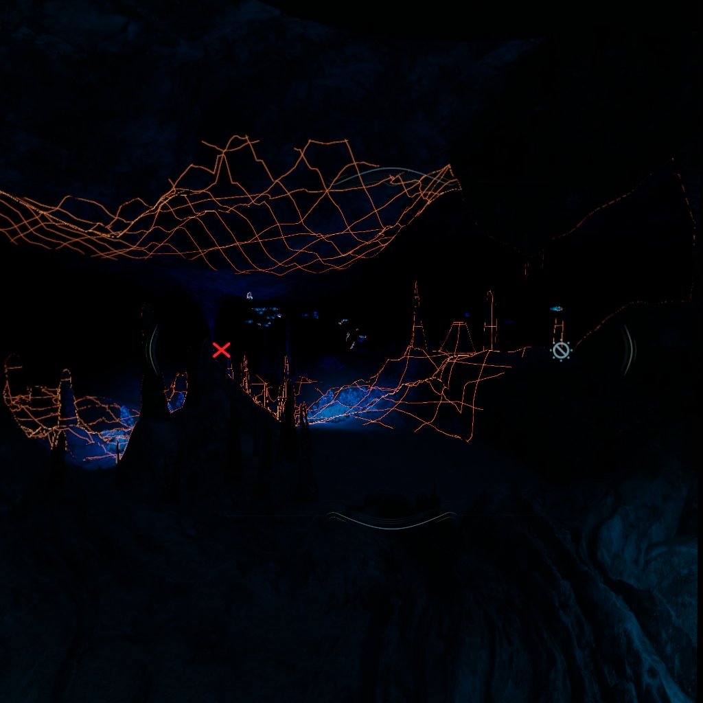 A grid is superimposed over the cave tunnel to determine the direction you are to swim.