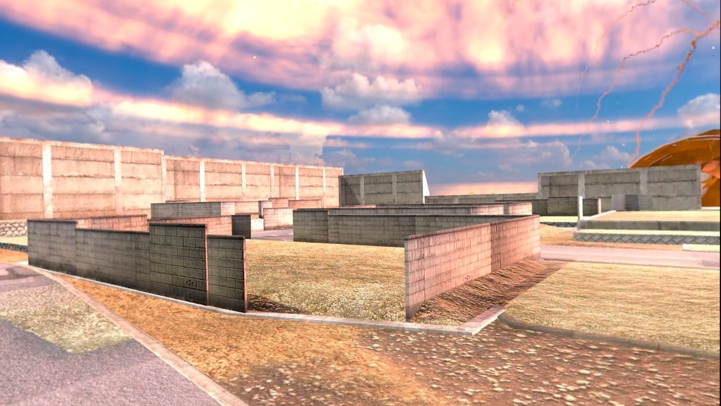 Various mismatched walls stick out of the ground while the sky shows the atomic bomb exploding.