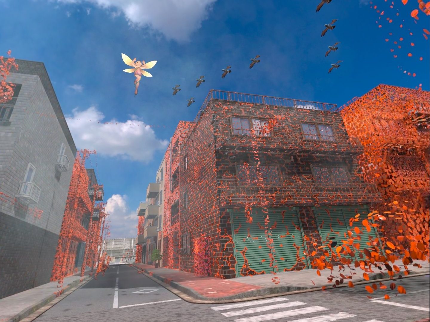 A city view with bright vines, birds flying past, and a fairy floating in the air.