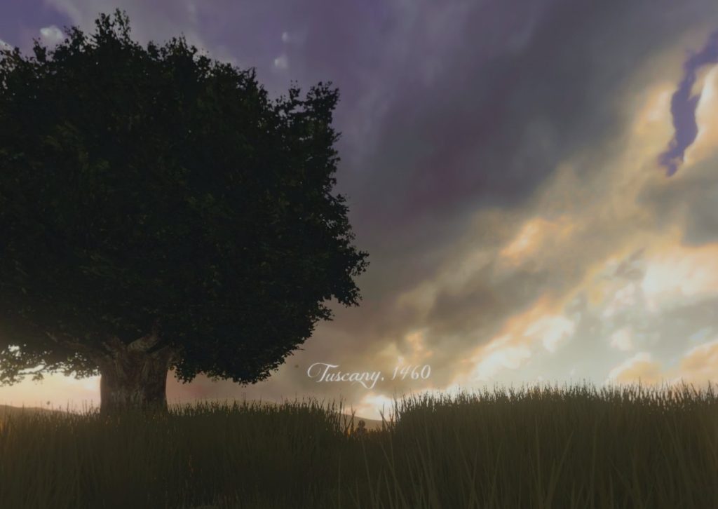 An image of a tree in a field overlaid with "Tuscany, 1460"